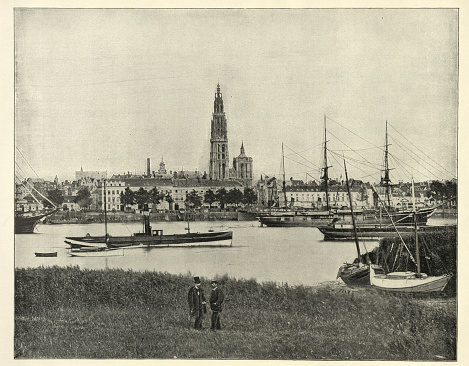 Vintage photograph of Quays of Antwerp, Belgium, Victorian 19th Century