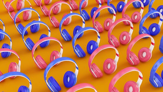 Pink and Blue Headphone in a Row. 3d Render