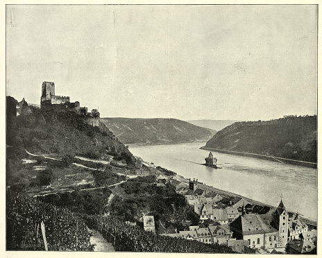 Vintage photograph of the Rhine, Gutenfels and the Pfalz, Germany. Gutenfels Castle (German: Burg Gutenfels), also known as Caub Castle, is a castle 110m above the town of Kaub in Rhineland-Palatinate, Germany.