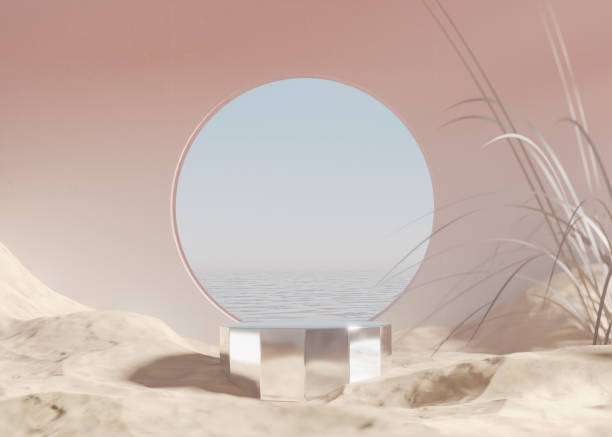 istock 3D podium display with ocean, sand beach. Pastel beige background, circle frame. Cosmetic, beauty product promotion mockup. Natural shadow, step pedestal. Summer Minimal banner 3D render illustration. 1321700782