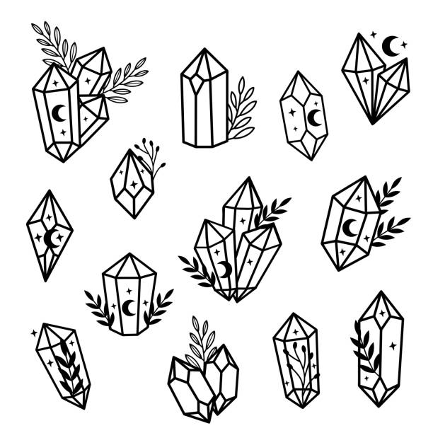 set of isolated magic black crystals, stars, moon vector art illustration