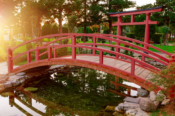 istock Red wooden bridge in a park. 1321701438