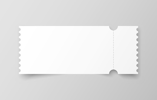 Realistic ticket with one stub rip line and shadow. Mock up coupon entrance isolated on grey background. Template design for entertainment show, event, boarding pass. Vector illustration