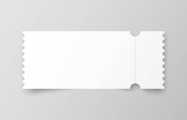 Realistic ticket with one stub rip line and shadow. Mock up coupon entrance isolated on grey background Realistic ticket with one stub rip line and shadow. Mock up coupon entrance isolated on grey background. Template design for entertainment show, event, boarding pass. Vector illustration coupon stock illustrations