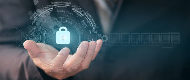 istock Businessman holding padlock protecting business and information data with virtual network connection, Innovation technology develop smart solution from digital attack, Cyber security 1321704363