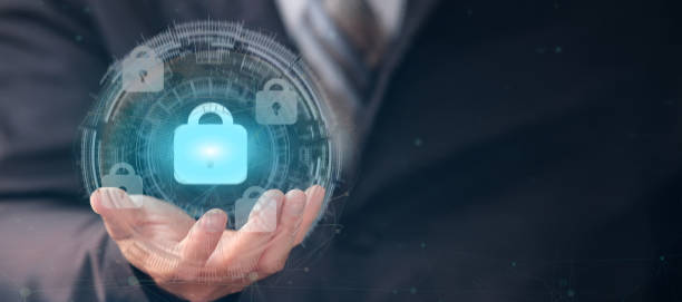 istock Businessman holding padlock protecting business and information data with virtual network connection, Innovation technology develop smart solution from digital attack, Cyber security 1321705165