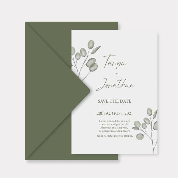 Modern wedding invitation, green wedding invitation template with eucalyptus branches leaf and handmade calligraphy. Modern wedding invitation, green wedding invitation template with eucalyptus branches leaf and handmade calligraphy wedding invitation stock illustrations