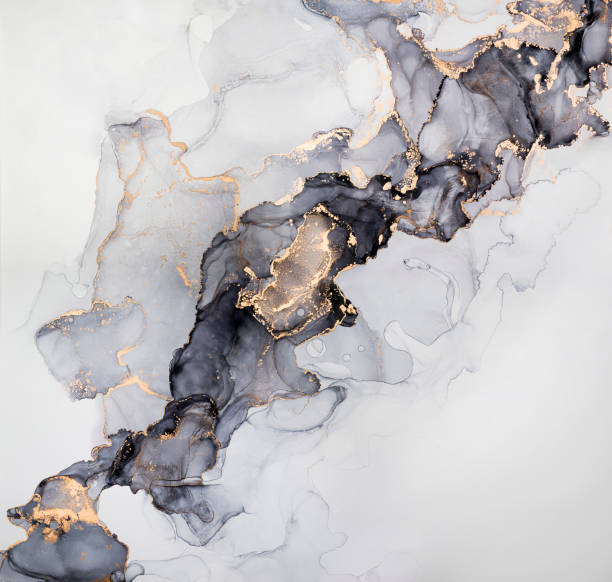 Luxury abstract fluid art painting in alcohol ink technique, mixture of gray, black and gold paints.  Imitation of marble stone cut, glowing golden veins. High resolution. Elegant minimalistic design, modern art. gold metal photos stock pictures, royalty-free photos & images