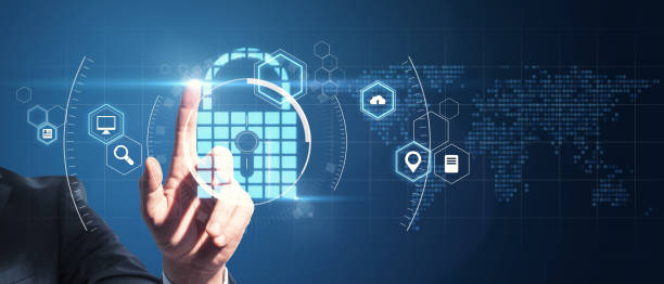 istock Cyber security concept with man finger on digital touch screen with lock icon surrounded by technological symbols and pixel world map. 1321709893