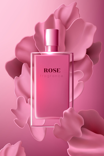 Design advertising poster for cosmetic product with rose petals for catalog, magazine. osmetic package. Perfume advertising poster.Moisturizing toner, cream, gel, body lotion pink liquid petals
