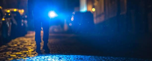 the man with a flashlight inspect the road. evening night time - honor guard flash imagens e fotografias de stock