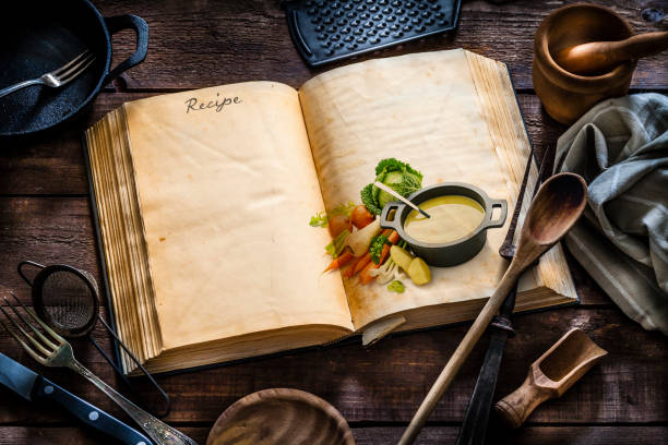 istock Old stained cookbook ready for broth recipe 1321713062