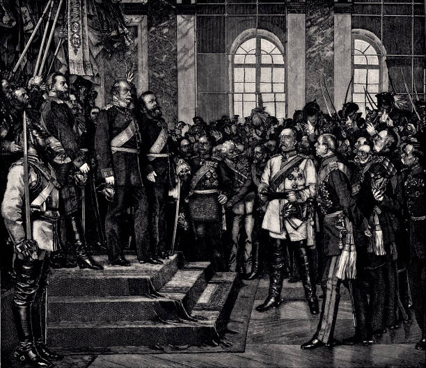 18 JANUARY 1871 : PROCLAMATION OF THE GERMAN EMPIRE AT VERSAILLES -XXXL with lots of details- The proclamation of the German Empire, also known as the Deutsche Reichsgründung, took place in January 1871, after the joint victory of the German states in the Franco-Prussian War. Vintage etching circa late 19th century, by Anton Von Werner. palace of versailles stock illustrations