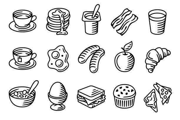 ilustraciones, imágenes clip art, dibujos animados e iconos de stock de conjunto de iconos aislados de vectores de desayuno - omelet bacon tomato fruit