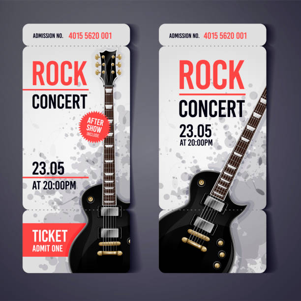 illustrazioni stock, clip art, cartoni animati e icone di tendenza di vector rock festival modello di design del biglietto con chitarra - popular music concert crowd backgrounds music