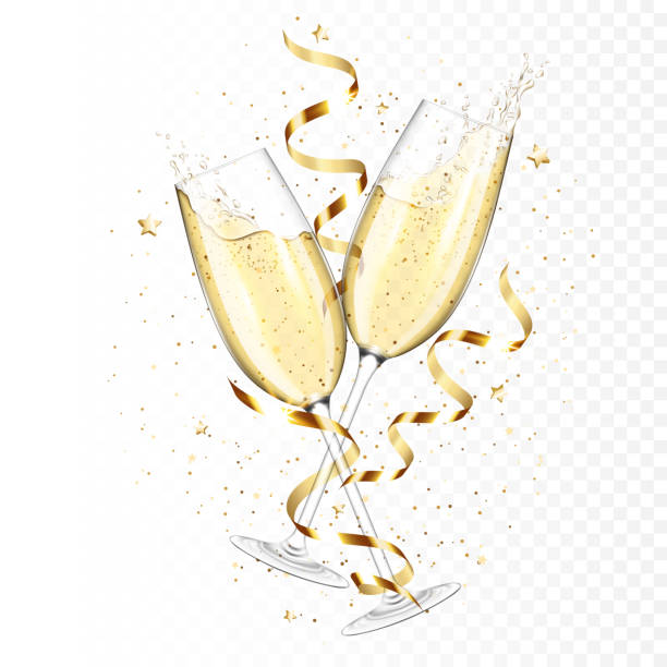 transparent realistische zwei gläser champagner mit bändern und konfetti, isoliert. - champagner stock-grafiken, -clipart, -cartoons und -symbole