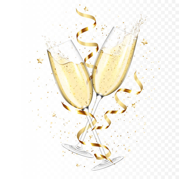 illustrazioni stock, clip art, cartoni animati e icone di tendenza di trasparente realistico due bicchieri di champagne con nastri e coriandoli, isolati. - champagne