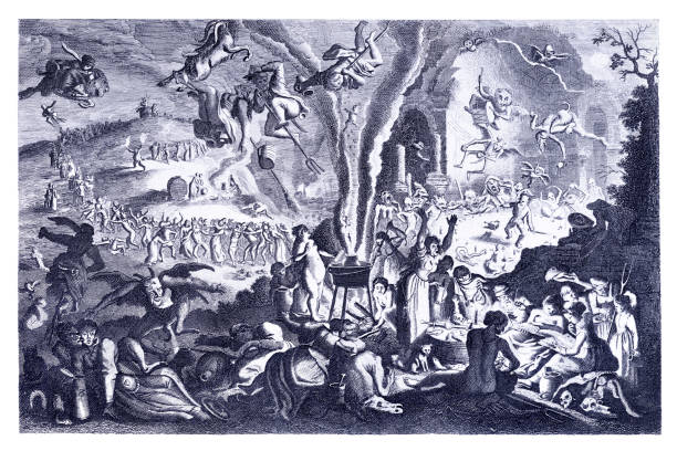 Witches' Sabbath 17th century Witches' Sabbath 17th century
As Hexensabbat or Teufelstanz designated hexene theorists in the early modern regular secret, nocturnal, solid-like so-called meeting hexene and Hexer a region with the devil at a certain, usually remote place, the so-called Hexentanzplatz .
Original edition from my own archives
Source : Bilder-Atlas - Ikonographische Encyklopädie 1870
after Michael Herr (1626): Witches' Sabbath on the Brocken ( B. Berg / Blocksberg ) ancient christianity stock illustrations