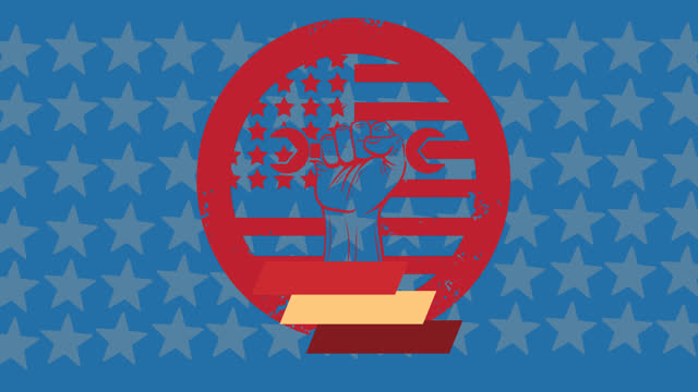 Animation of red labour day symbol over american flag stars