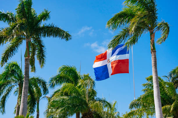 bandeira da república dominicana acenando com o vento - dominican flag - fotografias e filmes do acervo
