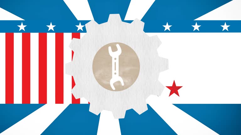 Animation of wrench labour day symbol over cog and american flag