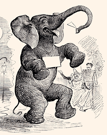 THE ELEPHANT AND THE CIRCUS.
Vintage engraving circa late 19th century.