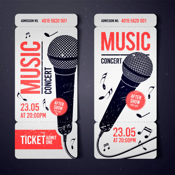 벡터 일러스트 음악 콘서트 티켓 디자인 템플릿 마이크와 배경에 멋진 그런지 효과 - ticket stock illustrations