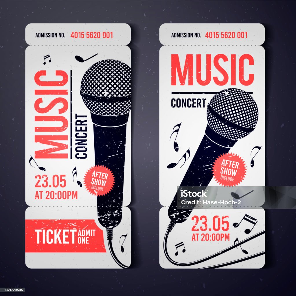 vector illustration music concert ticket design template with microphone and cool grunge effects in the background Ticket stock vector