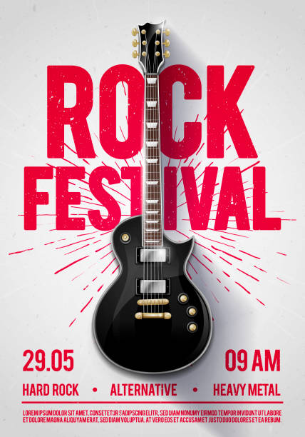 ilustracja wektorowa rock festival concert party ulotka lub szablon projektu plakatu z gitarą, miejsce na tekst i fajne efekty w tle - rock stock illustrations