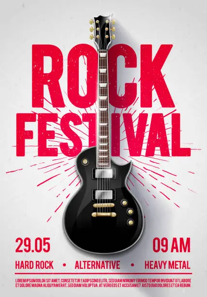 Vector illustration of vector illustration rock festival concert party flyer or poster design template with guitar, place for text and cool effects in the background
