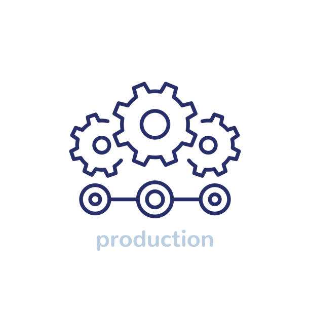 ilustraciones, imágenes clip art, dibujos animados e iconos de stock de icono de la línea de proceso de producción con engranajes - manufacturing