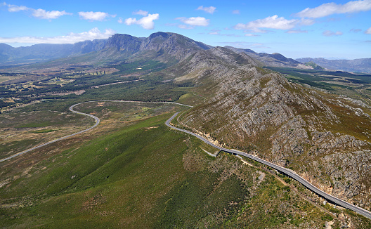 Sir Lowry's Pass and adjacent railway with Hottentots Holland Mountains in the background.