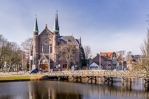 The Church of Saint Joseph along the city moat of Alkmaar. Alkmaar is the city of the famous cheese market held every Friday from April till the second week of September.