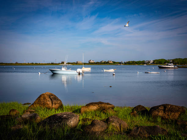 barcos amarrados en el tranquilo puerto con rocas glaciares en falmouth en cape cod. - cape cod new england sea marsh fotografías e imágenes de stock