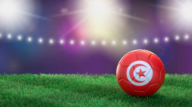 soccer ball in flag colors on a bright blurred stadium background. tunisia - grass area flash imagens e fotografias de stock