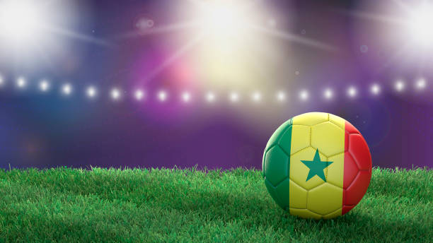 明るいぼやけたスタジアムの背景に旗の色でサッカーボール。セネガル - playing field flash ストックフォトと画像