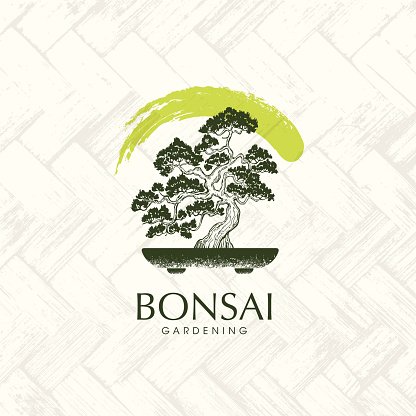 Japanese Bonsai Garden Zen Tree Logo. Plant Silhouette Icons on Palm Mat Background. Creative Vector Illustration