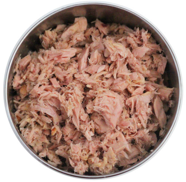 istock Top view fresh tuna flake chunks serving on stanless bowl isolated on white backgrounds 1321732778