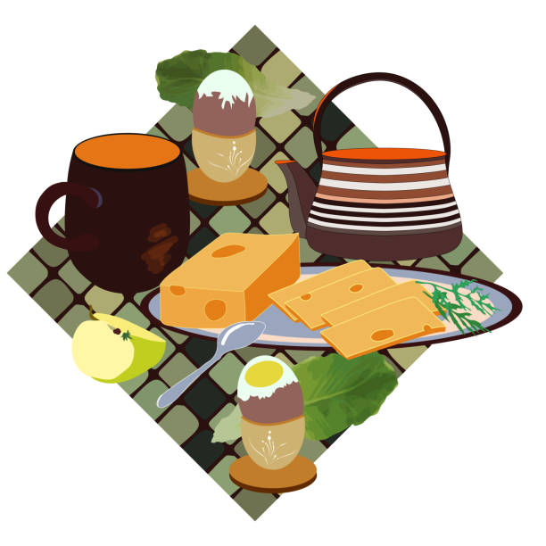 ilustraciones, imágenes clip art, dibujos animados e iconos de stock de ilustración de punto vectorial, una impresión de colocación, eps 10, editable - healthy breakfast set, que sirve para una persona - portion apple food pattern