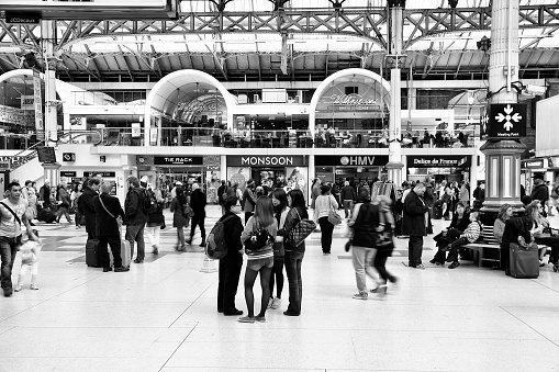 Travelers hurry at Victoria train station in London. According to 2010-11 stats, Victoria Station serves more than 73 million travelers annually.