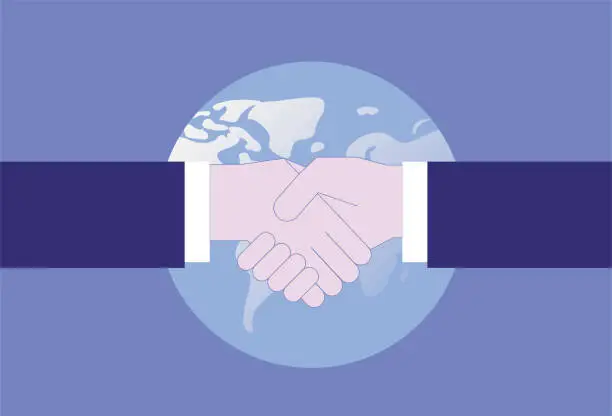 Vector illustration of International cooperation, shaking hands in front of the earth
