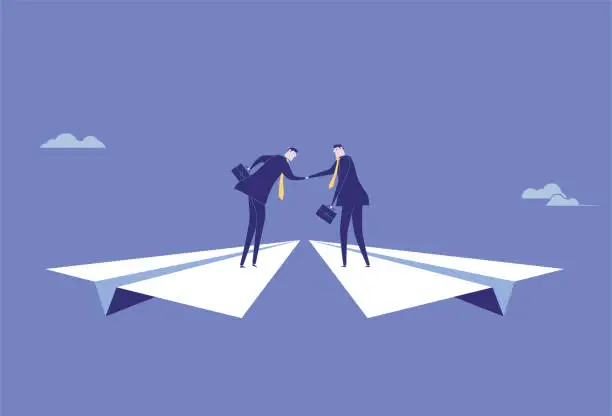 Vector illustration of Two business men standing on a paper plane and working together