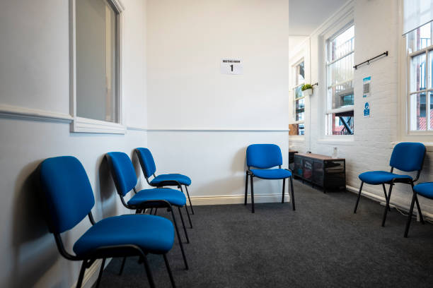 Ready for Patients An empty vaccine waiting room in Newcastle-Upon-Tyne. waiting room stock pictures, royalty-free photos & images