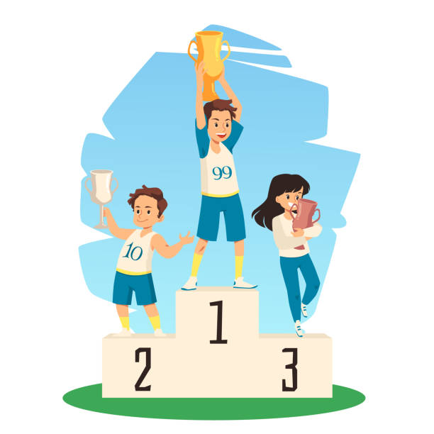 kindersieger mit preistrophäe für den erfolg bei wettkämpfen stehen auf dem podium. - second place illustrations stock-grafiken, -clipart, -cartoons und -symbole