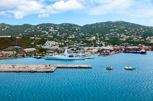 Aerial View of the waterfront, pier and Welcome Center at St Thomas, US Virgin Islands