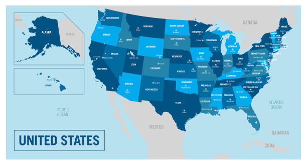 politische landkarte der vereinigten staaten. detaillierte vektordarstellung mit isolierten zuständen, inseln, regionen, abteilungen und städten, die leicht zu entkopperen sind. - map usa canada cartography stock-grafiken, -clipart, -cartoons und -symbole