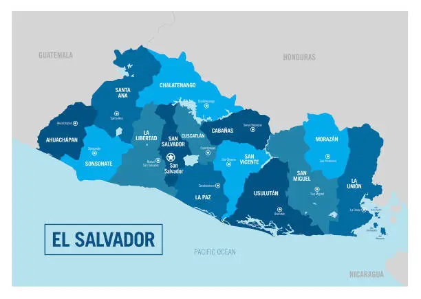 Vector illustration of El Salvador country political map. Detailed illustration with isolated regions, provinces, departments, states and cities easy to ungroup.