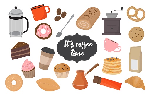 Coffee shop items vector illustration. Bakery products elements in flat style. Various pastry fast food icons.
