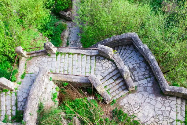 Photo of Part of an ancient stone staircase leading to the bottom of the canyon to a wooden bridge. Top view