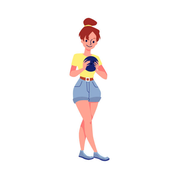 ilustrações, clipart, desenhos animados e ícones de jogadora de boliche personagem feminina jogando bola plana ilustração vetorial isolada. - bowling holding bowling ball hobbies